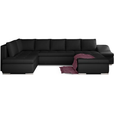Canapé panoramique convertible noir simili cuir – Rangement intégré – Méridienne droite – 340x200x88 cm – Espace couchage 295x120 cm – Meubler Design (1/5)
