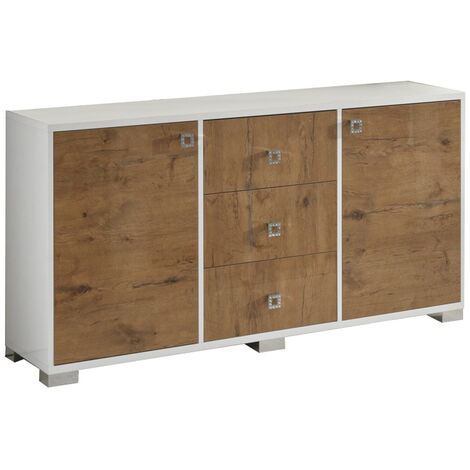 Buffet moderne 2 portes 3 tiroirs bois Oak et blanc brillant Sting 160cm (1/3)