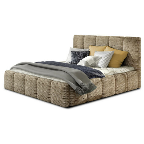 Lit adulte Vika – Tissu capitonné avec sommier-Beige chiné-180x200-Version avec sommier (1/5)