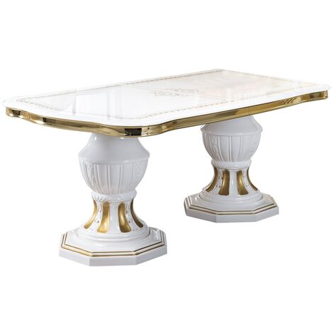 Table à manger rectangulaire extensible bois vernis laqué brillant blanc et doré Lesly 185 à 230cm