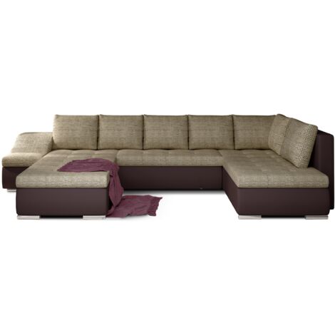 Canapé panoramique convertible JONAZ simili cuir, tissu - Rangement integré A gauche-Marron/Beige clair chiné-Méridienne A gauche (1/5)