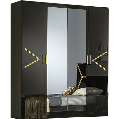 Armoire de chambre design 4 portes battantes bois noir laqué et métal doré Diamanto 182cm (1/4)