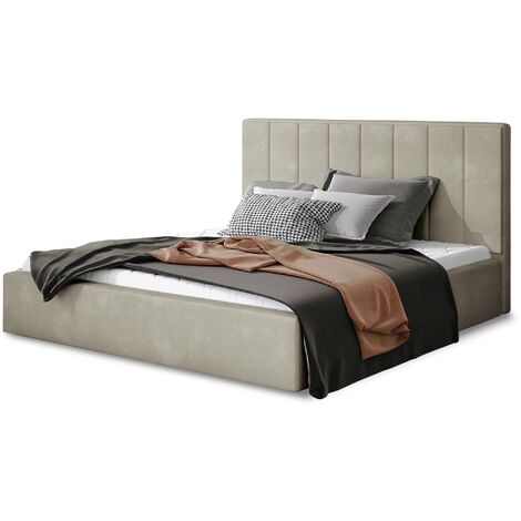 Lit adulte avec sommier Vareza – Velours matelassé avec sommier-Beige-180x200-Version avec sommier (1/5)