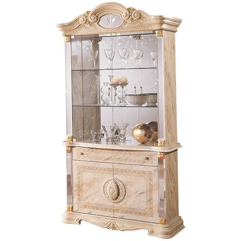 Vitrine 4 portes 1 tiroir bois vernis laqué brillant beige et onyx effet marbré Lesly 105cm