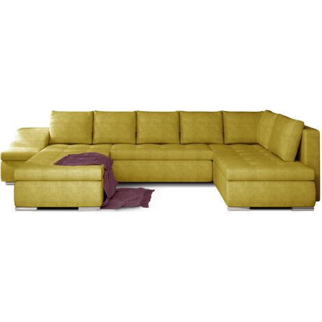 Canapé panoramique convertible JONAZ tissu - Rangement integré A gauche-Jaune olive-Méridienne A gauche (1/5)