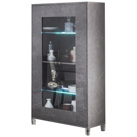 Vitrine 2 portes à Led bois gris effet marbre vernis et verre trempé Botela 100cm