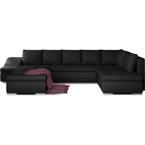 Canapé panoramique convertible JONAZ simili cuir - Rangement integré A gauche-Noir-Méridienne A gauche