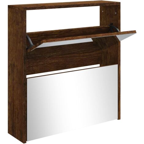 Armoire à chaussures miroir à 2 niveaux Chêne fumé 63x17x67 (1/5)