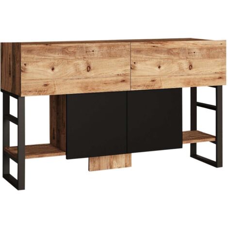 Cotecosy – Buffet industriel en bois naturel et métal noir – Dimensions L 140 x P 43.3 x H 83.6 cm – 2 placards et 2 tiroirs – Fabrication européenne (1/5)