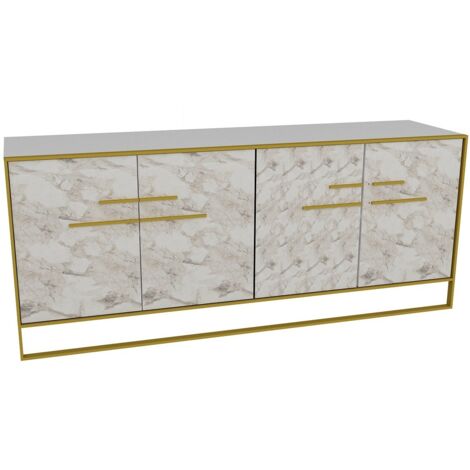 Cotecosy – Buffet en bois mélaminé blanc effet marbre et métal doré 4 portes – Dimensions L 180 x H 75 x P 47.3 cm – Design contemporain (1/6)