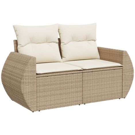 Canapé de jardin avec coussins 2 places beige résine tressée (1/5)