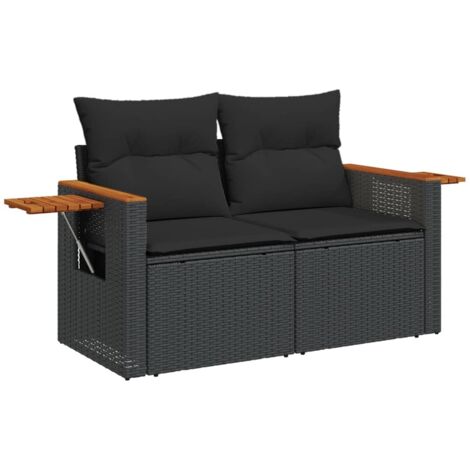 Canapé de jardin avec coussins 2 places noir résine tressée (1/5)