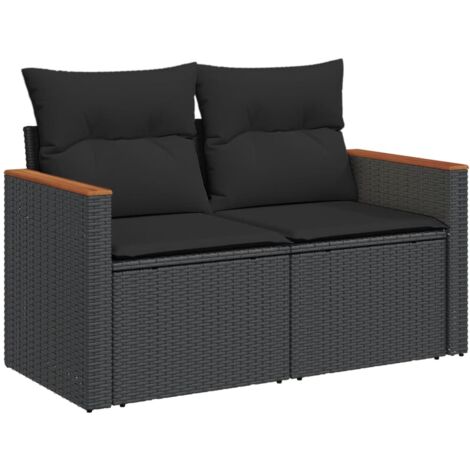 Canapé de jardin avec coussins 2 places noir résine tressée (1/5)