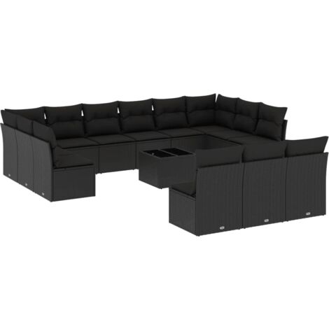 Salon de jardin avec coussins 14 pcs noir résine tressée (1/3)