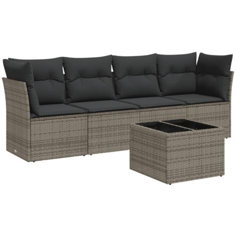 Salon de jardin 5 pcs avec coussins gris résine tressée (1/3)