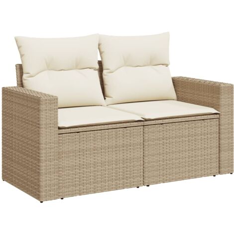 Canapé de jardin avec coussins 2 places beige résine tressée (1/5)