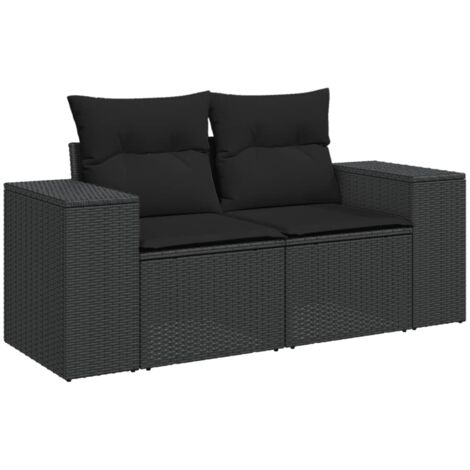 Canapé de jardin avec coussins 2 places noir résine tressée (1/5)