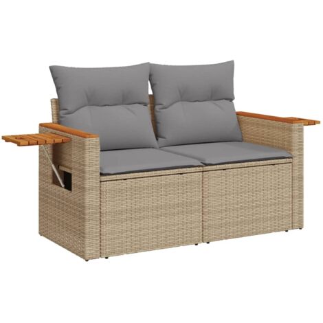 Canapé de jardin avec coussins 2 places beige résine tressée (1/5)