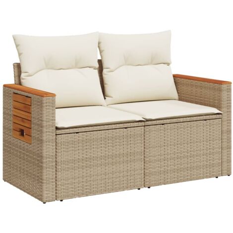 Canapé de jardin avec coussins 2 places beige résine tressée (1/5)