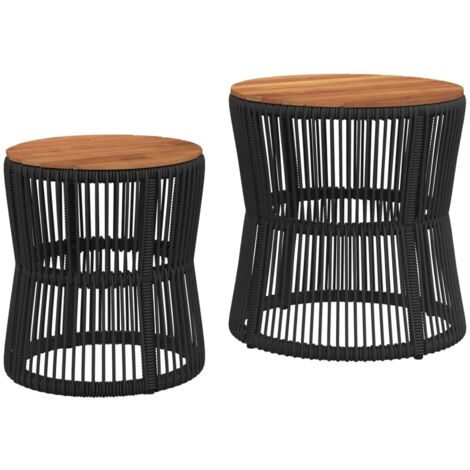 Tables d'appoint de jardin 2 pcs dessus en bois noir poly rotin (1/5)