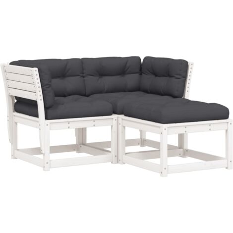 Salon de jardin 3 pcs avec coussins blanc bois massif de pin (1/5)