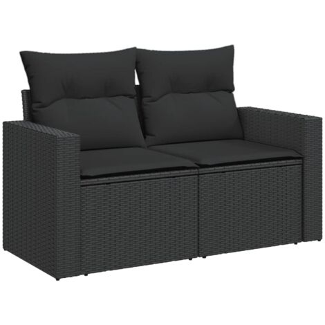 Canapé de jardin avec coussins 2 places noir résine tressée (1/5)