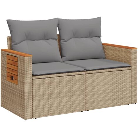 Canapé de jardin avec coussins 2 places beige résine tressée (1/5)