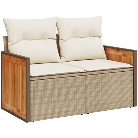 Canapé de jardin avec coussins 2 places beige résine tressée (1/5)