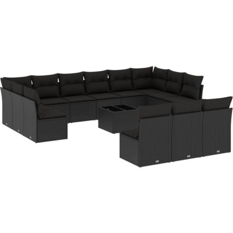 Salon de jardin avec coussins 14 pcs noir résine tressée (1/3)
