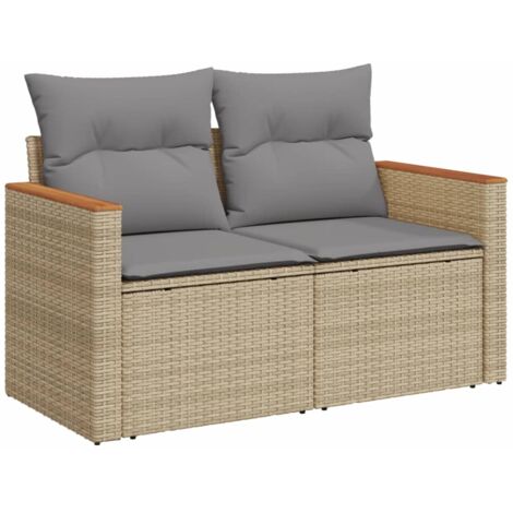 Canapé de jardin avec coussins 2 places beige résine tressée (1/5)