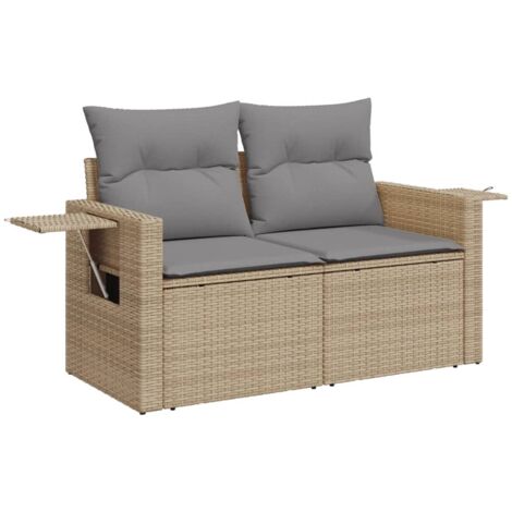 Canapé de jardin avec coussins 2 places beige résine tressée (1/5)