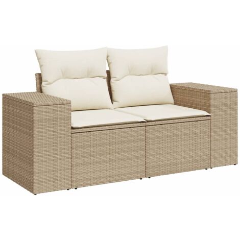 Canapé de jardin avec coussins 2 places beige résine tressée (1/5)