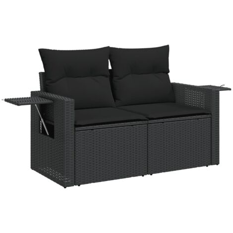 Canapé de jardin avec coussins 2 places noir résine tressée (1/5)