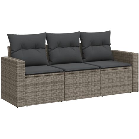 Salon de jardin avec coussins 3 pcs gris résine tressée (1/3)