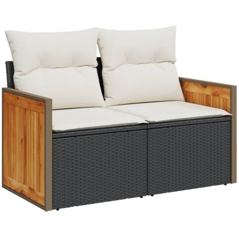 Canapé de jardin avec coussins 2 places noir résine tressée (1/5)