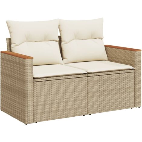 Canapé de jardin avec coussins 2 places beige résine tressée (1/5)