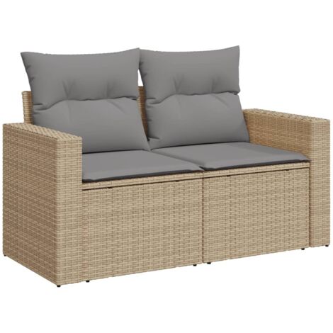 Canapé de jardin avec coussins 2 places beige résine tressée (1/5)
