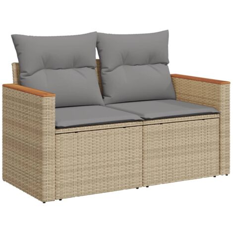 Canapé de jardin avec coussins 2 places beige résine tressée (1/5)