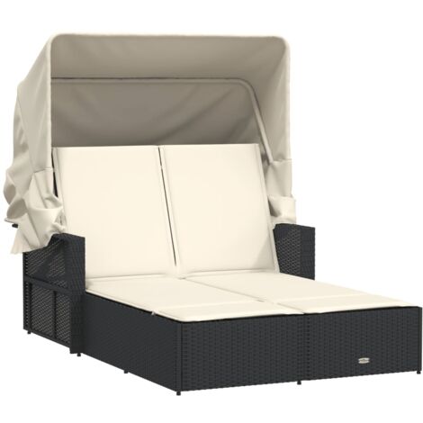 Chaise longue double et auvent et coussins noir résine tressée (1/5)