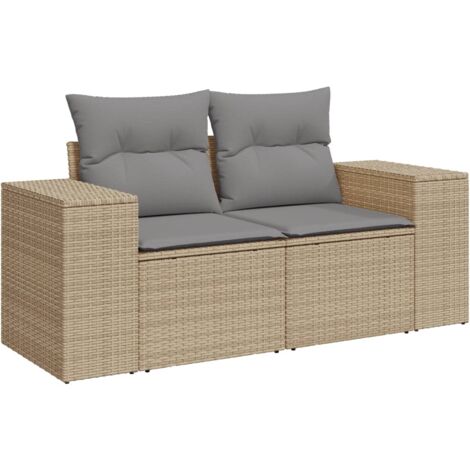 Canapé de jardin avec coussins 2 places beige résine tressée (1/5)