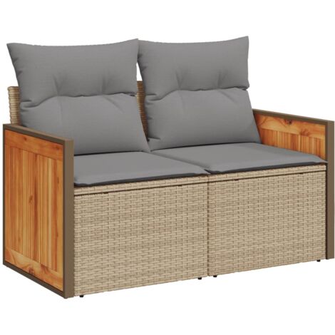 Canapé de jardin avec coussins 2 places beige résine tressée (1/5)