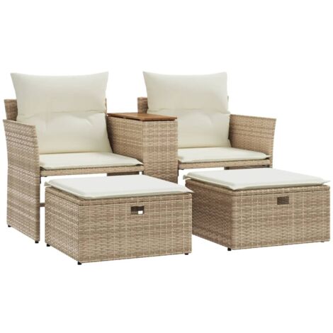 Canapé de jardin 2 places avec tabourets beige résine tressée (1/5)