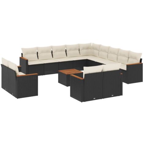 Salon de jardin avec coussins 14 pcs noir résine tressée (1/3)