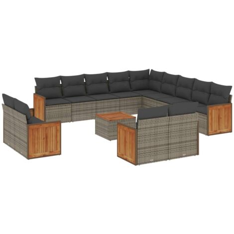 Salon de jardin avec coussins 14 pcs gris résine tressée (1/3)