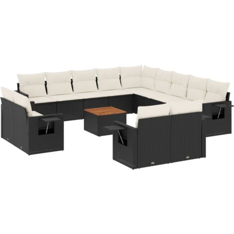 Salon de jardin avec coussins 14 pcs noir résine tressée (1/3)