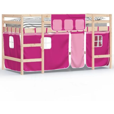 Lit mezzanine enfants et rideaux rose 80x200 bois pin massif (1/5)