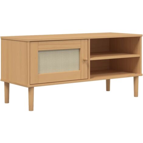 Meuble TV SENJA aspect rotin marron 106x40x49 bois massif pin (1/5)