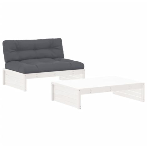 Salon de jardin 2 pcs avec coussins blanc bois massif (1/5)