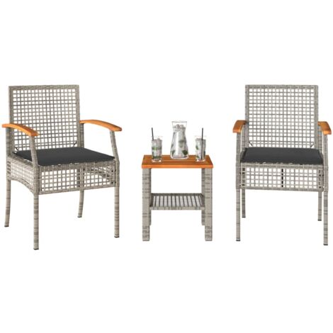 Ensemble de bistro 3 pcs et coussins gris résine tressée acacia (1/5)