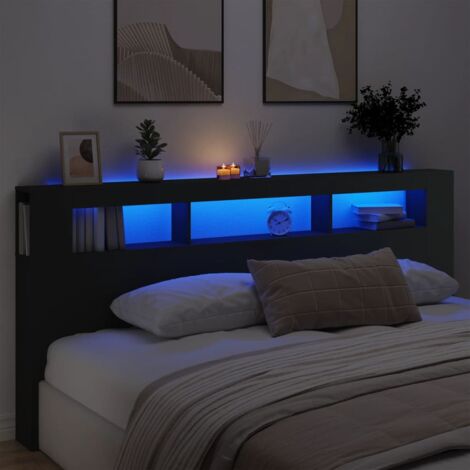 Tête de lit à LED noir 220x18,5x103,5 bois d'ingénierie (1/5)
